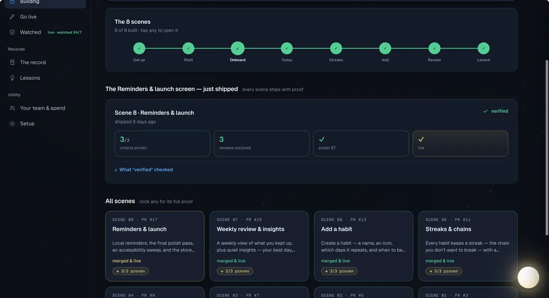tOOrunt AI build dashboard showing eight completed product scenes and the evidence attached to each shipped scene